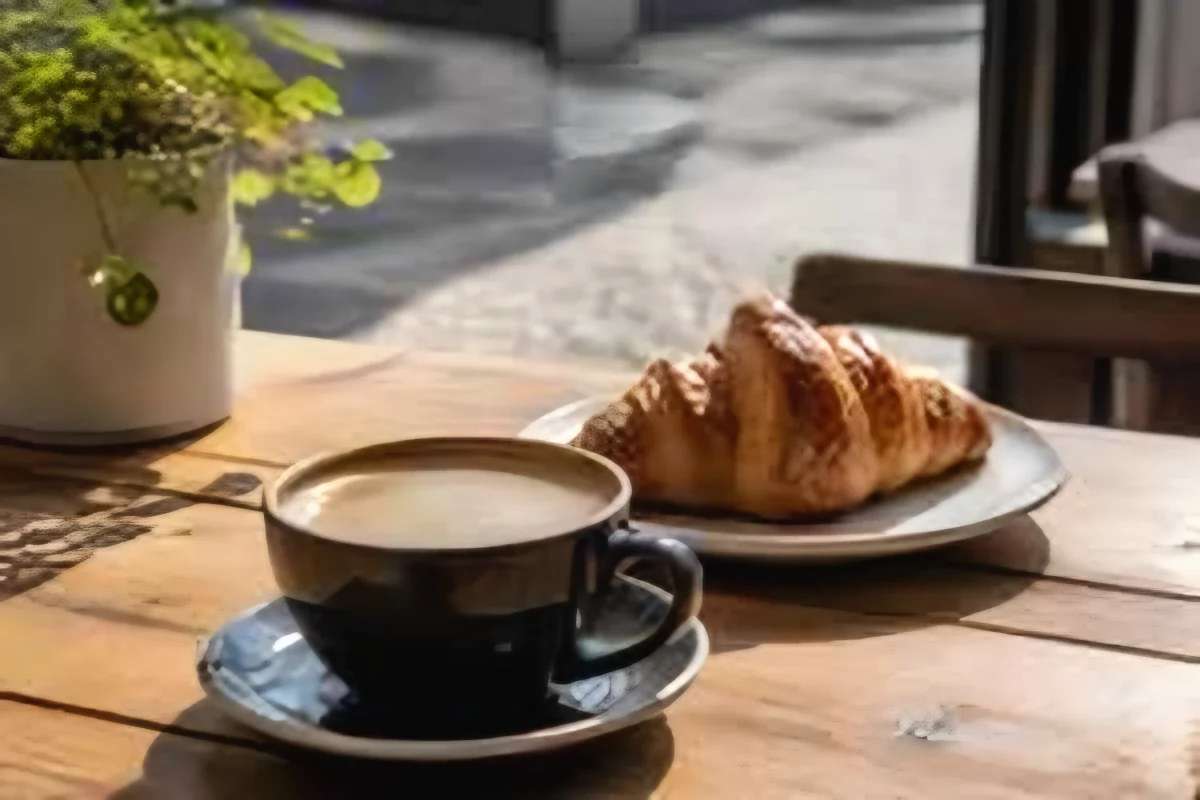 The same café table photo after AI enhancement, with the detail restored