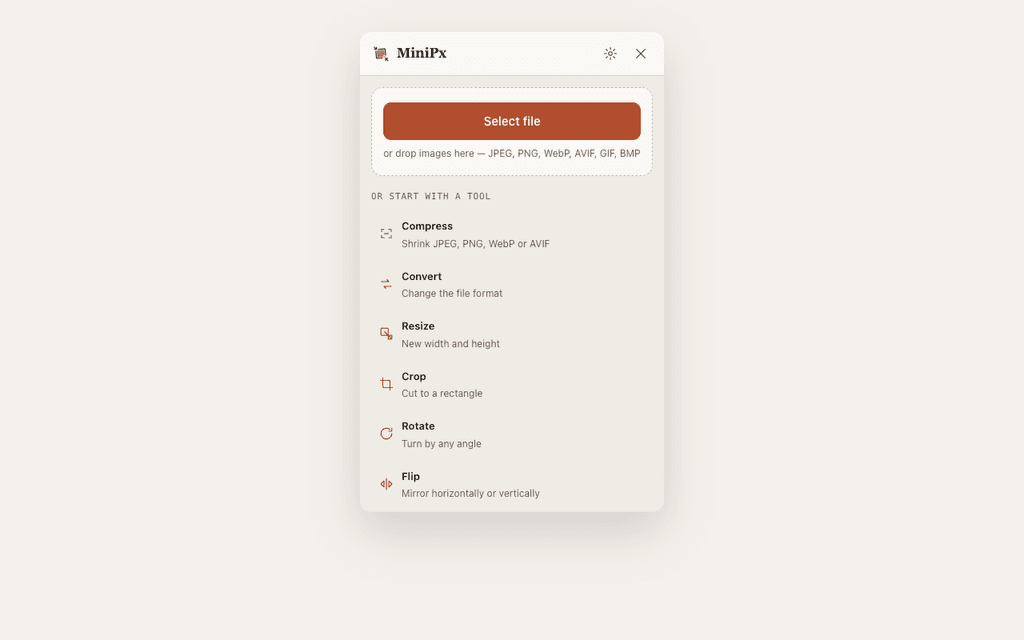 The MiniPx toolbar popup in Chrome, showing the file picker and the list of image tools.
