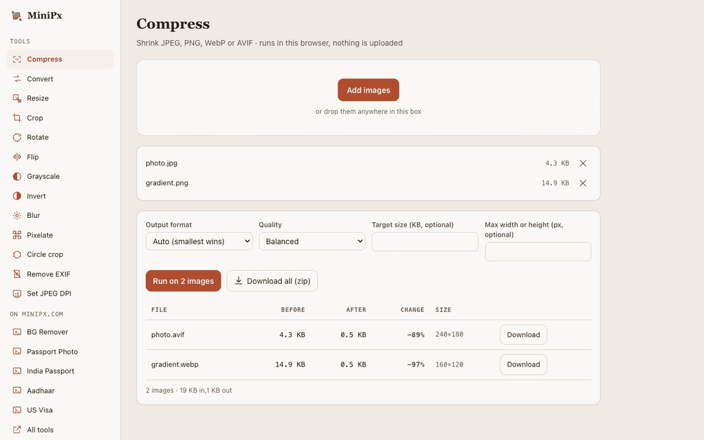The results list after compressing images, with the original and new file size shown for each one.