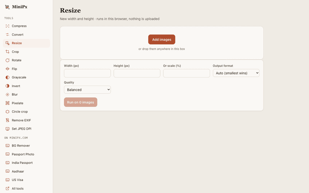 The full tool list in the extension, with locally-run tools and the ones marked to open on minipx.com.