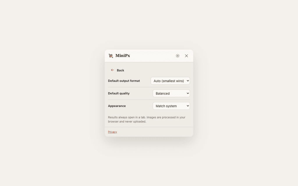 The extension settings: default output format, quality preset and theme.